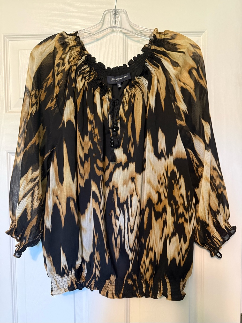 Jones New York Black and Gold Abstract Print Peasant Top